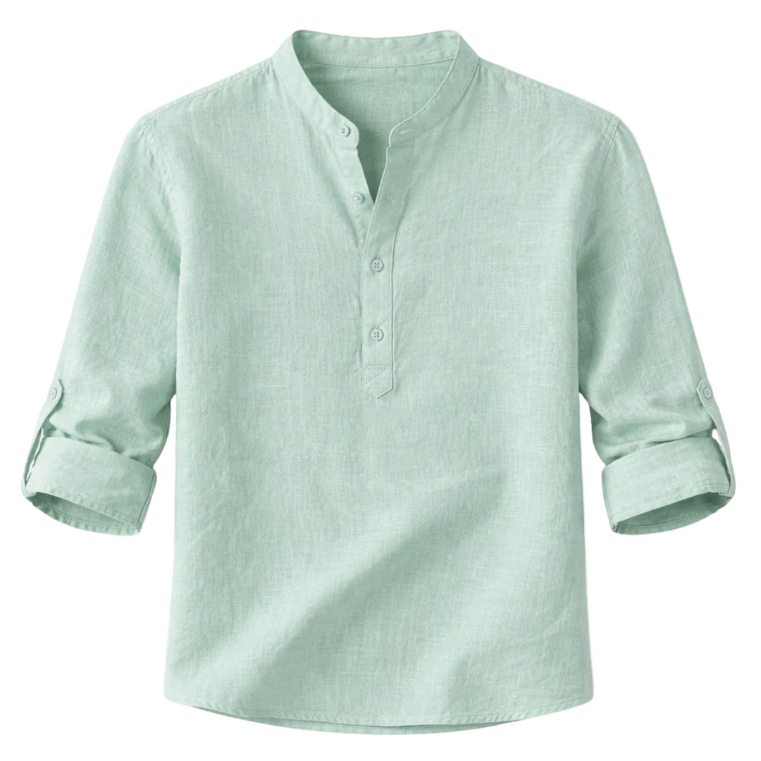 Men's Roll-Up Sleeve Henley Shirt With Band Collar