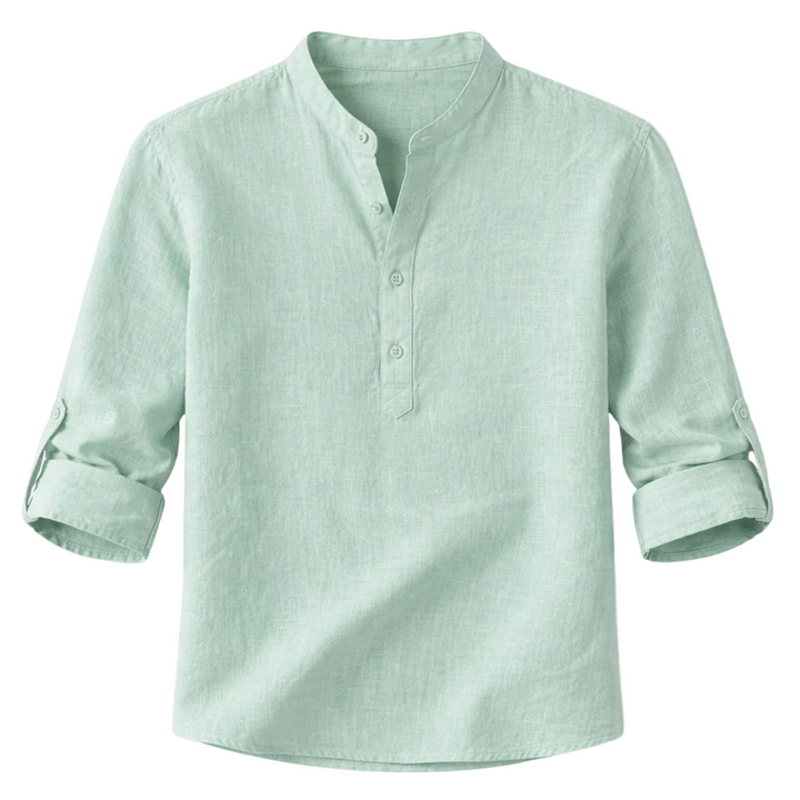 Men's Roll-Up Sleeve Henley Shirt With Band Collar