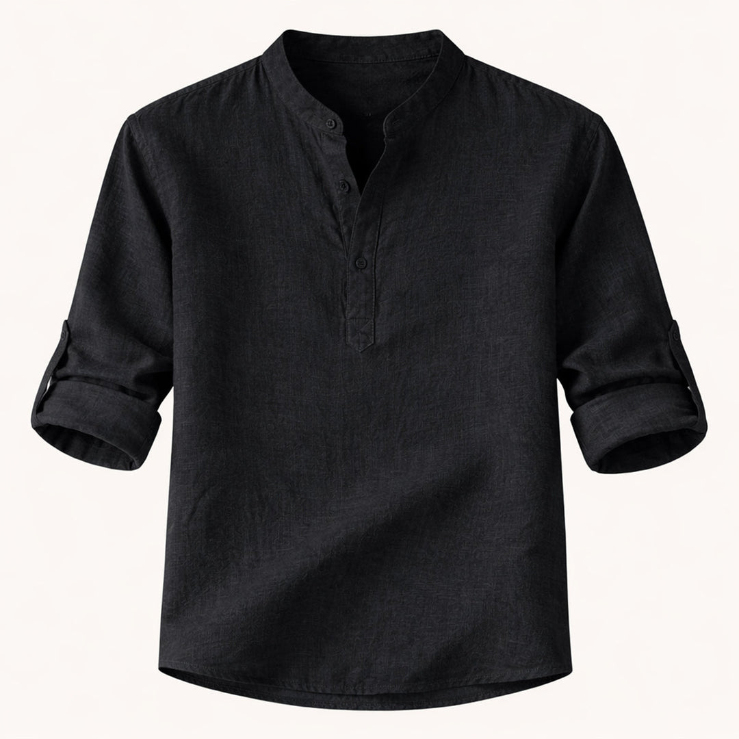Men's Roll-Up Sleeve Henley Shirt With Band Collar
