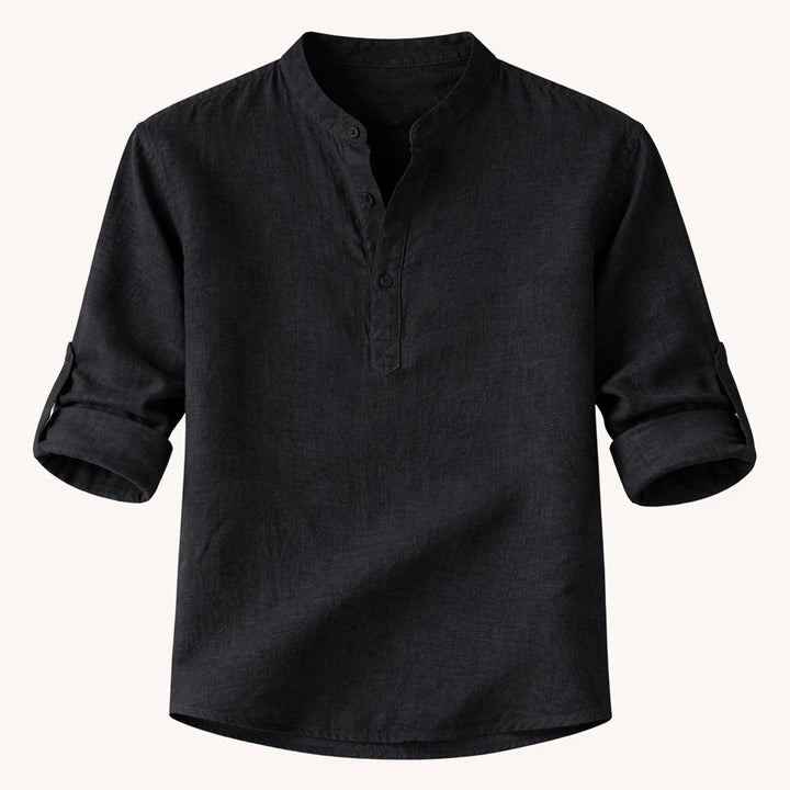 Men's Roll-Up Sleeve Henley Shirt With Band Collar