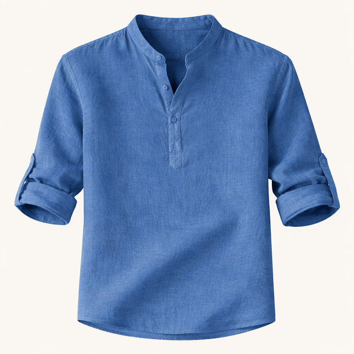 Men's Roll-Up Sleeve Henley Shirt With Band Collar