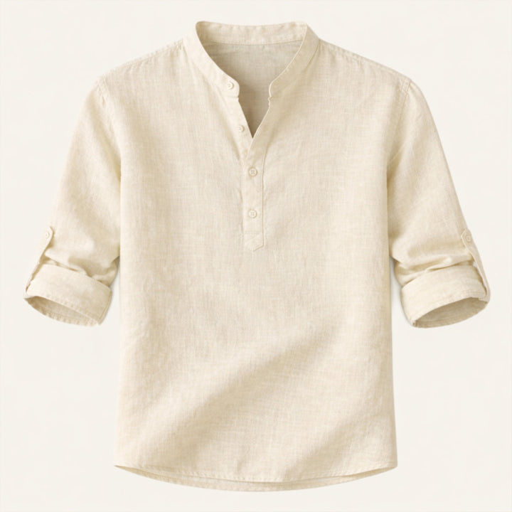 Men's Roll-Up Sleeve Henley Shirt With Band Collar