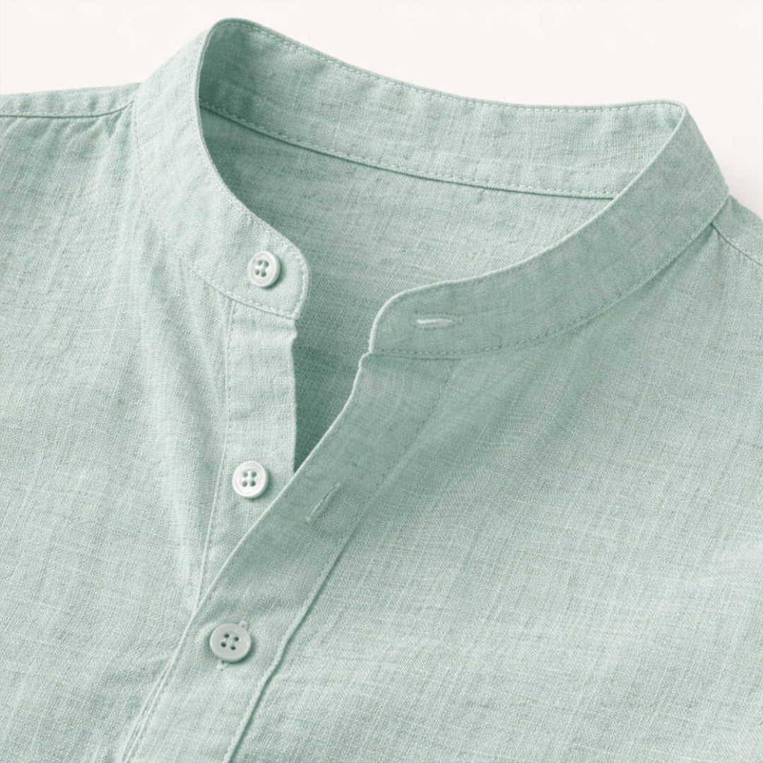 Men's Roll-Up Sleeve Henley Shirt With Band Collar