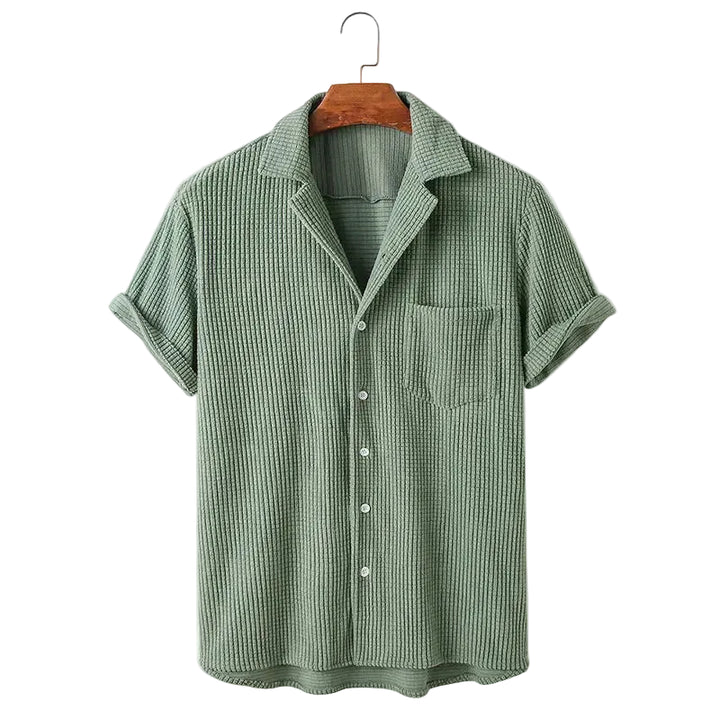 Men’s Short Sleeve Button-Up Camp Collar Shirt with Textured Fabric