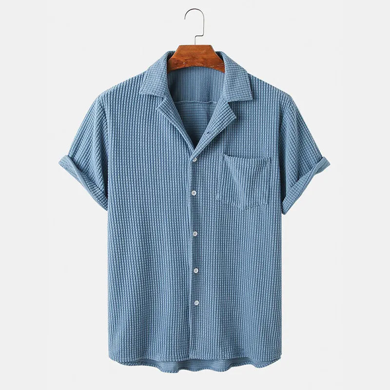 Men’s Short Sleeve Button-Up Camp Collar Shirt with Textured Fabric