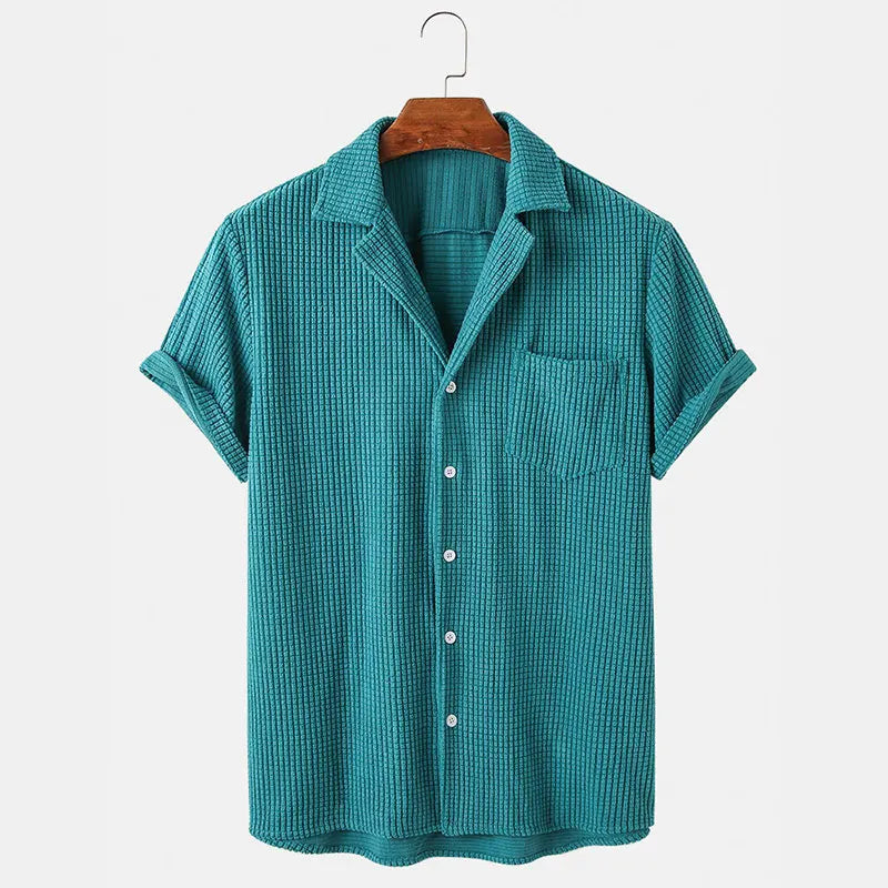 Men’s Short Sleeve Button-Up Camp Collar Shirt with Textured Fabric
