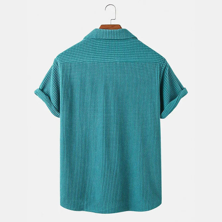 Men’s Short Sleeve Button-Up Camp Collar Shirt with Textured Fabric