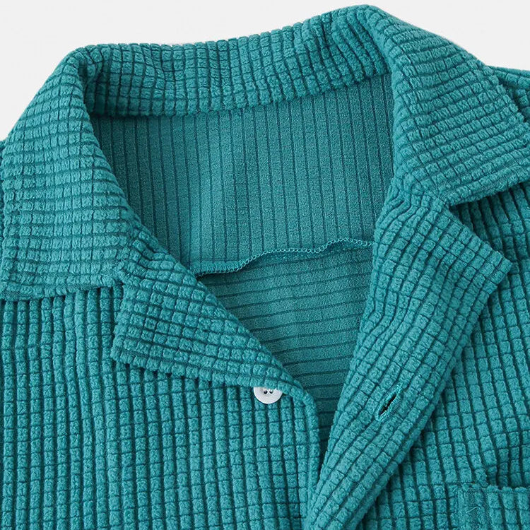 Men’s Short Sleeve Button-Up Camp Collar Shirt with Textured Fabric