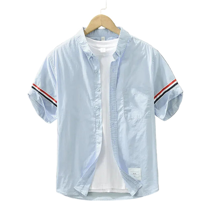 Men’s Short Sleeve Shirt with Front Pocket and Striped Sleeves