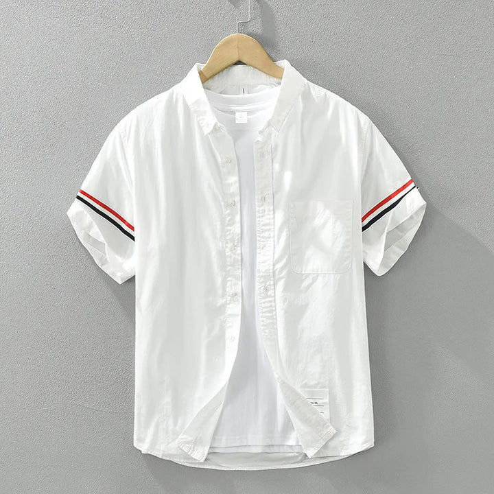 Men’s Short Sleeve Shirt with Front Pocket and Striped Sleeves