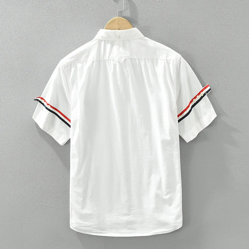 Men’s Short Sleeve Shirt with Front Pocket and Striped Sleeves