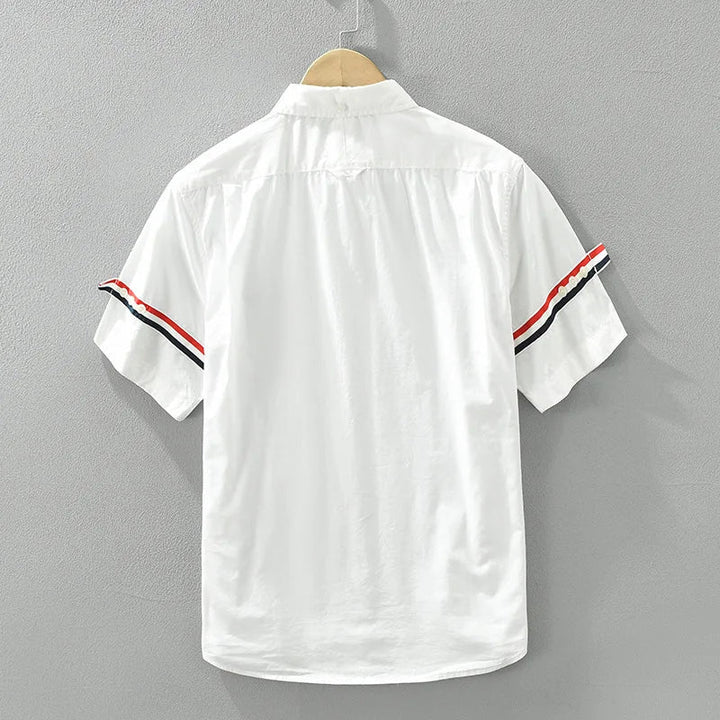 Men’s Short Sleeve Shirt with Front Pocket and Striped Sleeves