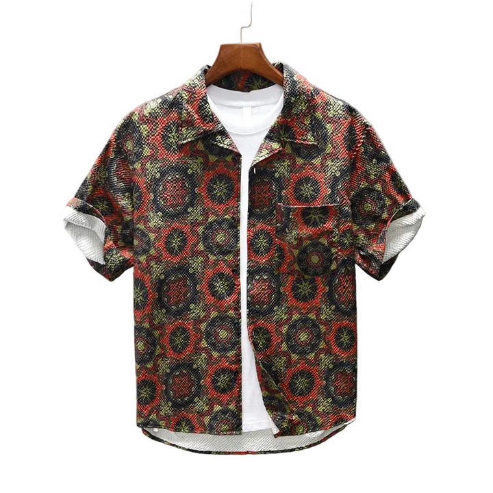 Men’s Short Sleeve Button-Up Shirt with Patterned Design and Chest Pocket
