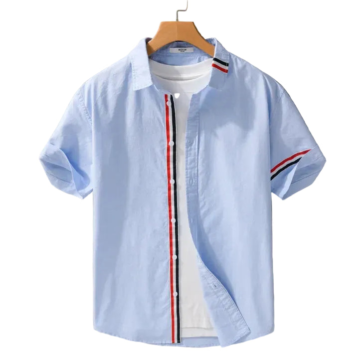 Men’s Short Sleeve Button-Up Shirt with Placket Trim and Sleeve Stripe Detail