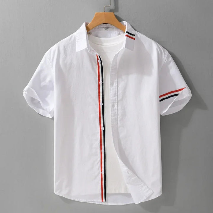 Men’s Short Sleeve Button-Up Shirt with Placket Trim and Sleeve Stripe Detail