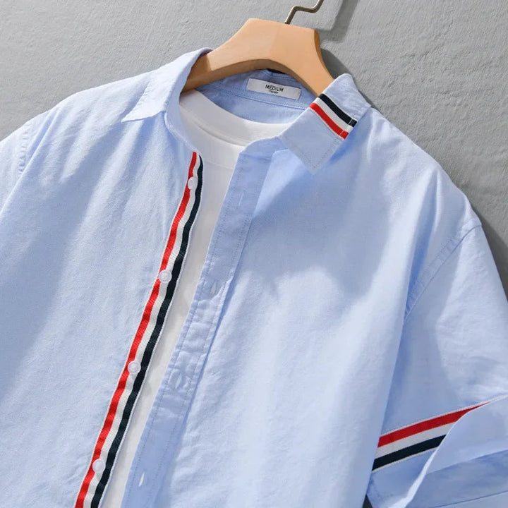 Men’s Short Sleeve Button-Up Shirt with Placket Trim and Sleeve Stripe Detail