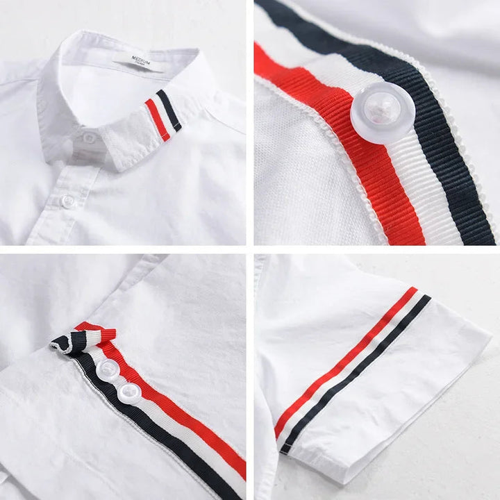 Men’s Short Sleeve Button-Up Shirt with Placket Trim and Sleeve Stripe Detail
