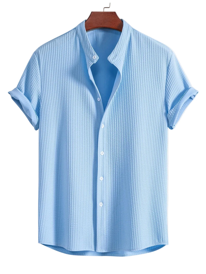 Men’s Short Sleeve Button-Up Shirt with Ribbed Texture and Mandarin Collar