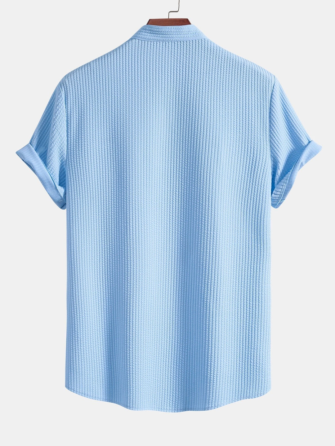 Men’s Short Sleeve Button-Up Shirt with Ribbed Texture and Mandarin Collar