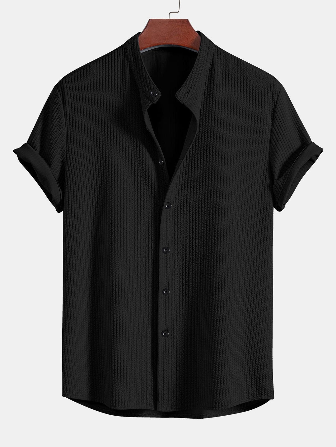 Men’s Short Sleeve Button-Up Shirt with Ribbed Texture and Mandarin Collar