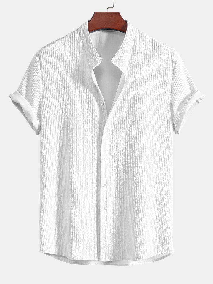 Men’s Short Sleeve Button-Up Shirt with Ribbed Texture and Mandarin Collar