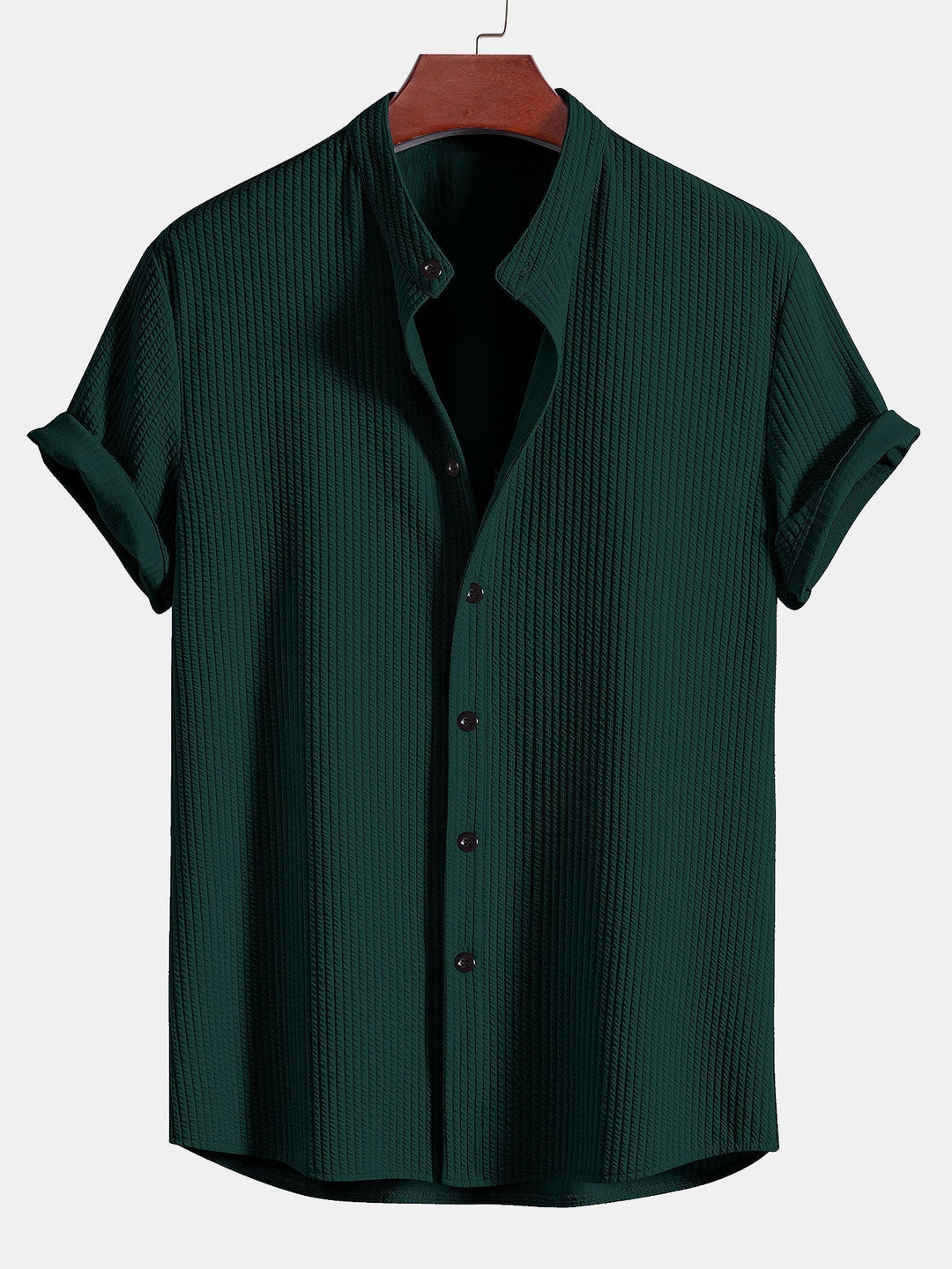 Men’s Short Sleeve Button-Up Shirt with Ribbed Texture and Mandarin Collar