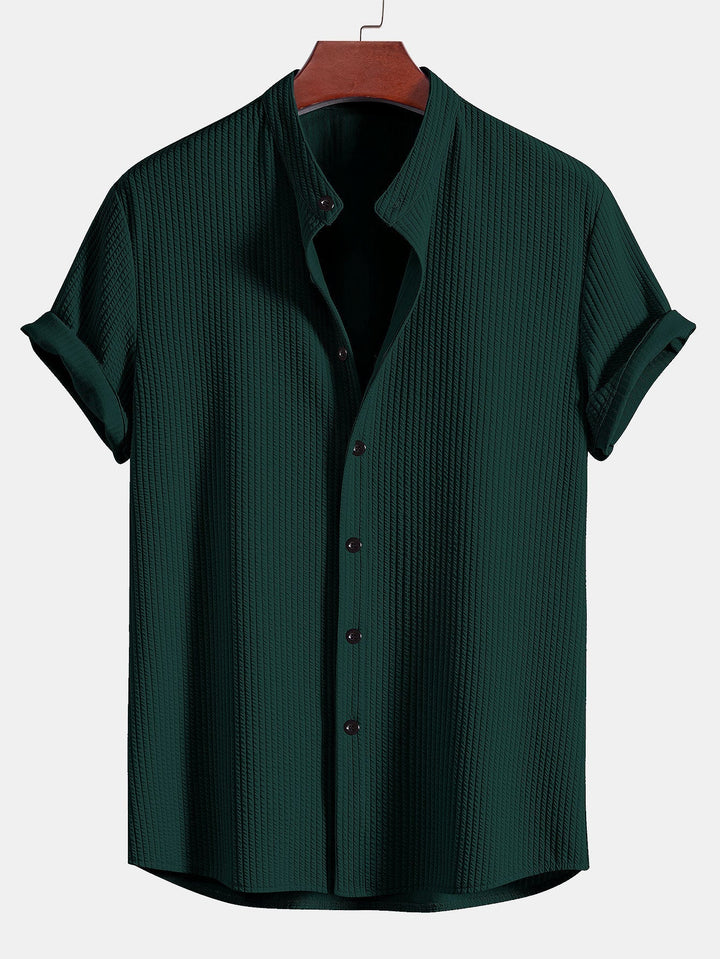 Men’s Short Sleeve Button-Up Shirt with Ribbed Texture and Mandarin Collar