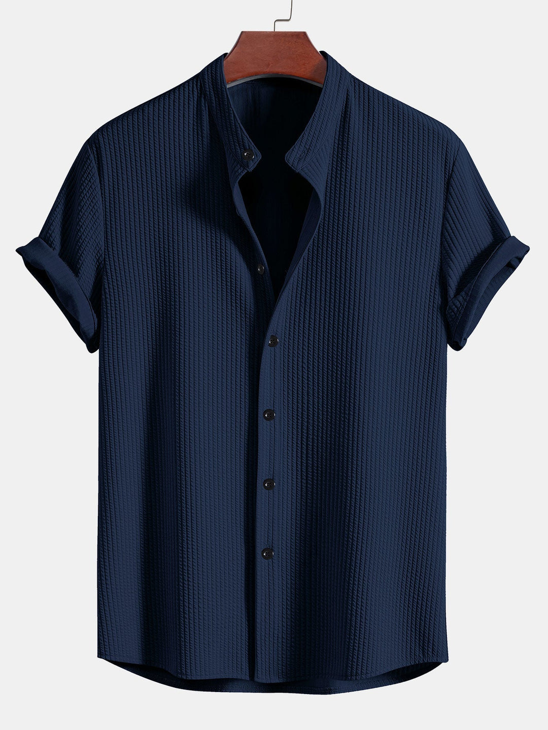 Men’s Short Sleeve Button-Up Shirt with Ribbed Texture and Mandarin Collar