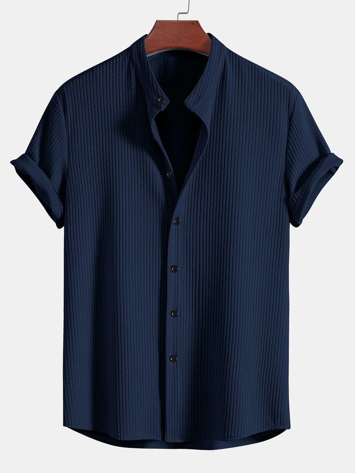 Men’s Short Sleeve Button-Up Shirt with Ribbed Texture and Mandarin Collar