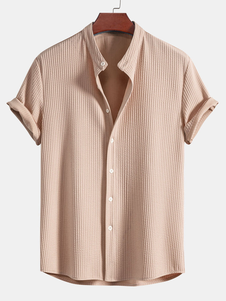 Men’s Short Sleeve Button-Up Shirt with Ribbed Texture and Mandarin Collar