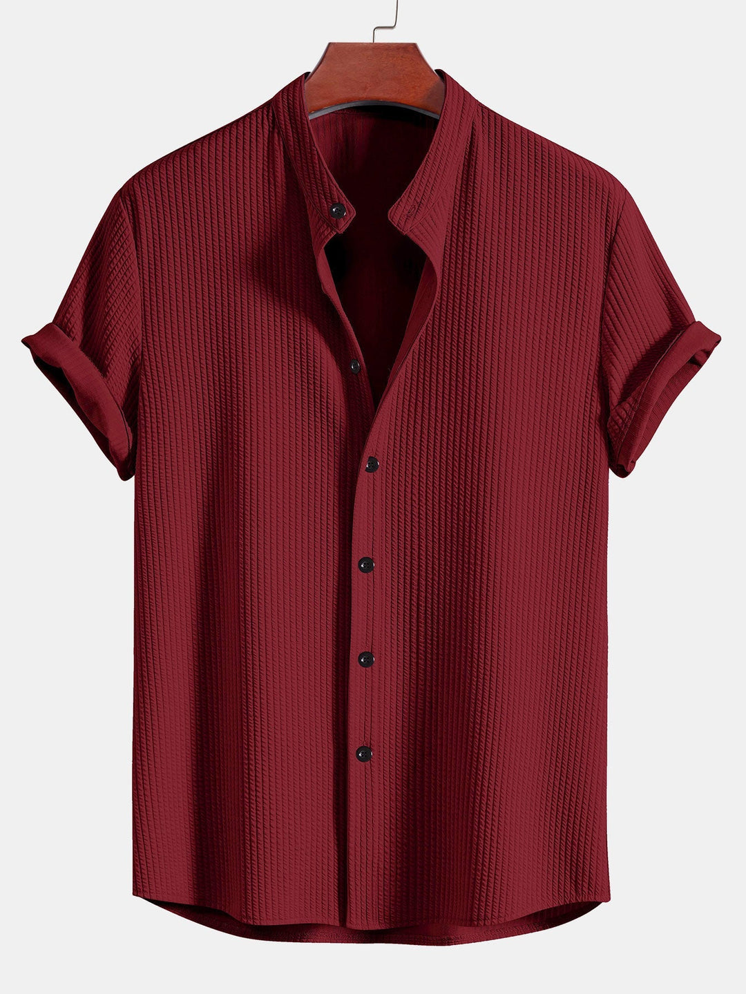 Men’s Short Sleeve Button-Up Shirt with Ribbed Texture and Mandarin Collar