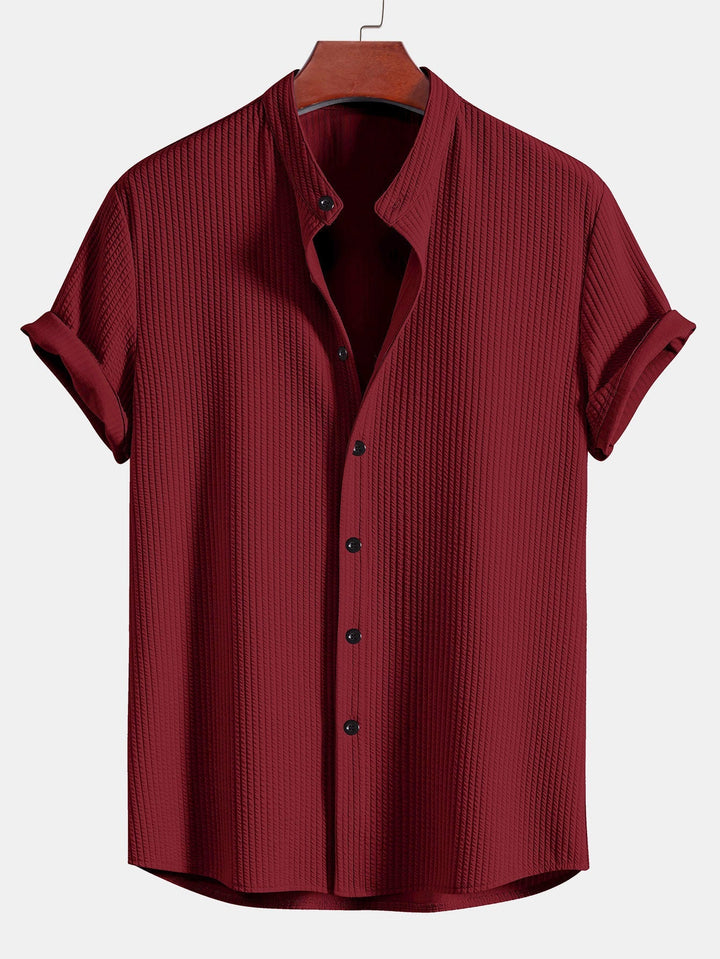 Men’s Short Sleeve Button-Up Shirt with Ribbed Texture and Mandarin Collar