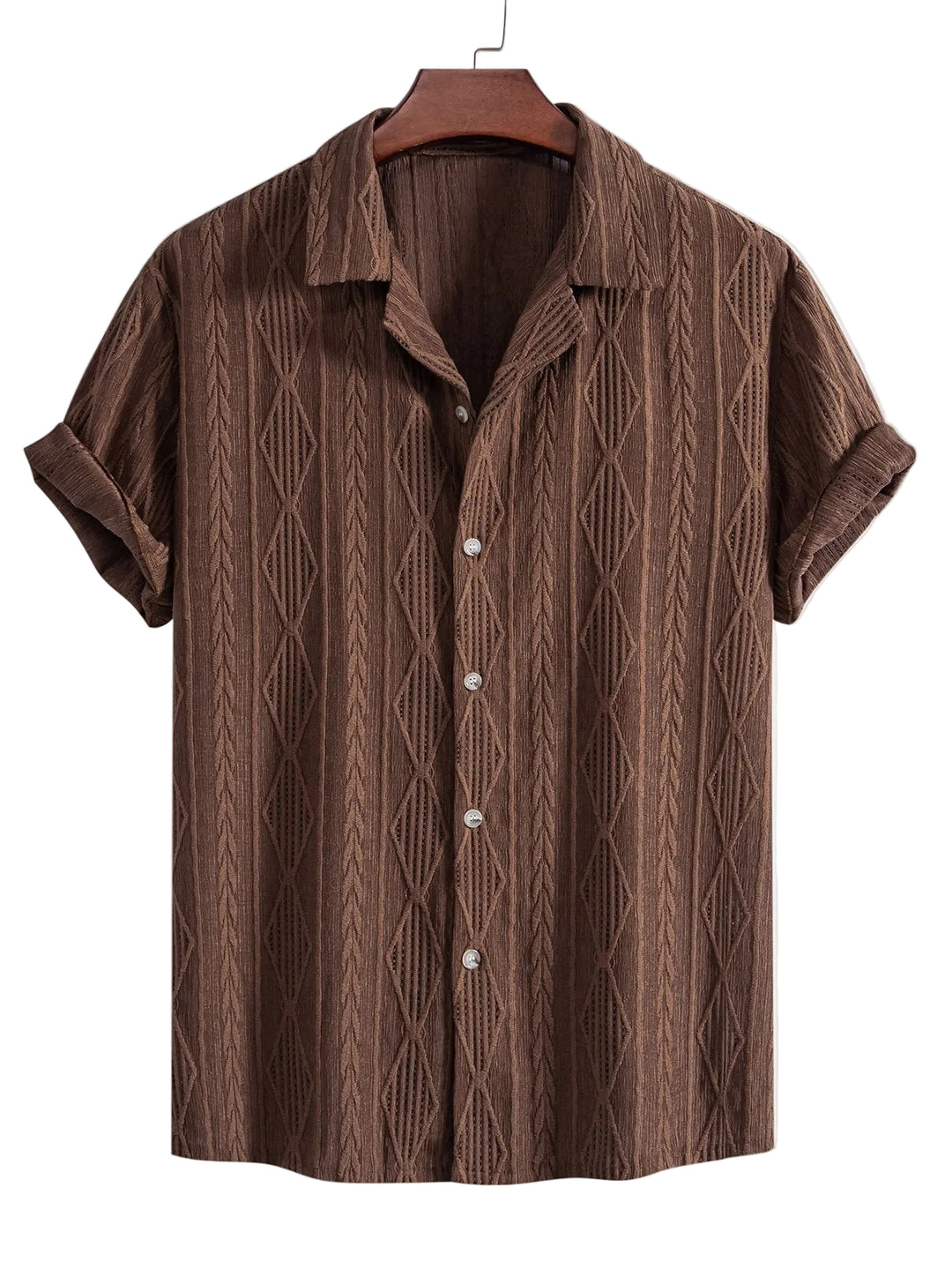 Men’s Short Sleeve Button-Up Shirt with Textured Pattern and Open Camp Collar
