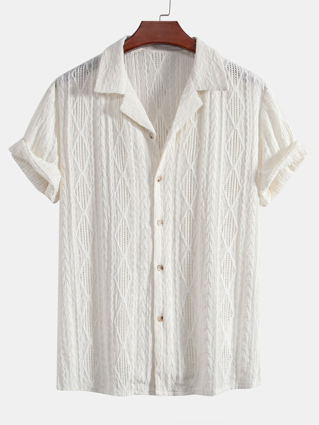 Men’s Short Sleeve Button-Up Shirt with Textured Pattern and Open Camp Collar