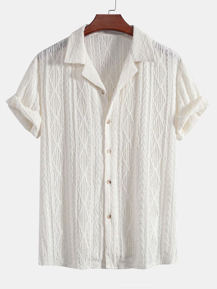 Men’s Short Sleeve Button-Up Shirt with Textured Pattern and Open Camp Collar