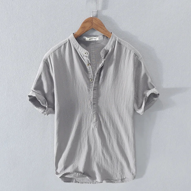 Men’s Short Sleeve Henley Shirt with Band Collar