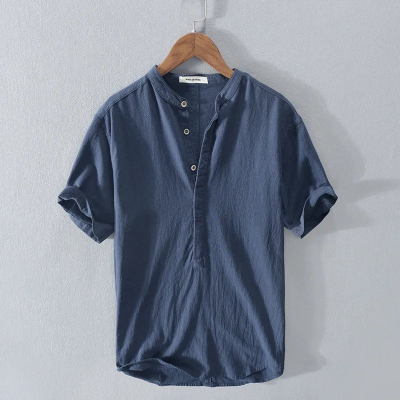 Men’s Short Sleeve Henley Shirt with Band Collar