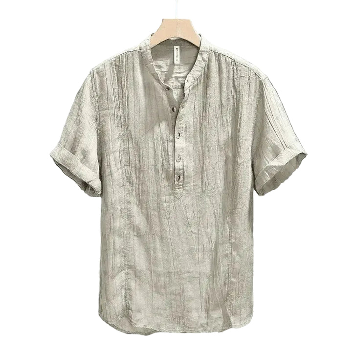 Men’s Short Sleeve Henley Shirt with Stand Collar and Button Placket