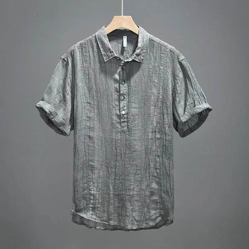 Men’s Short Sleeve Henley Shirt with Stand Collar and Button Placket