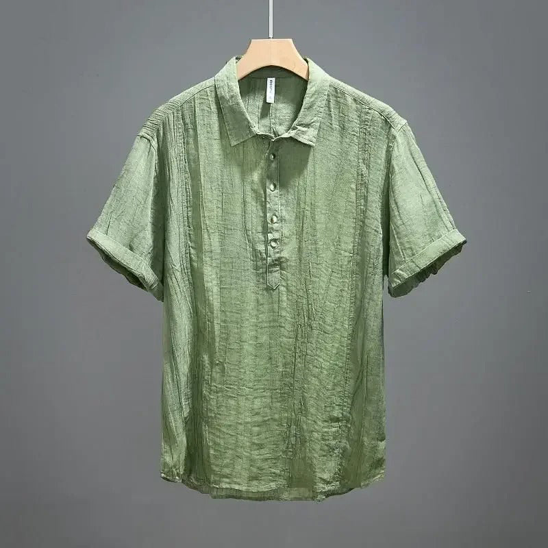 Men’s Short Sleeve Henley Shirt with Stand Collar and Button Placket
