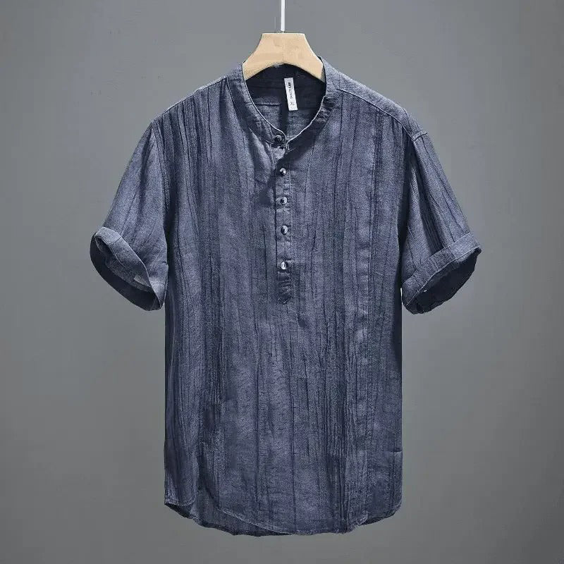 Men’s Short Sleeve Henley Shirt with Stand Collar and Button Placket