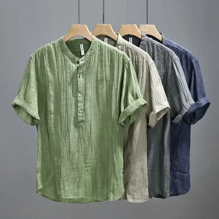 Men’s Short Sleeve Henley Shirt with Stand Collar and Button Placket