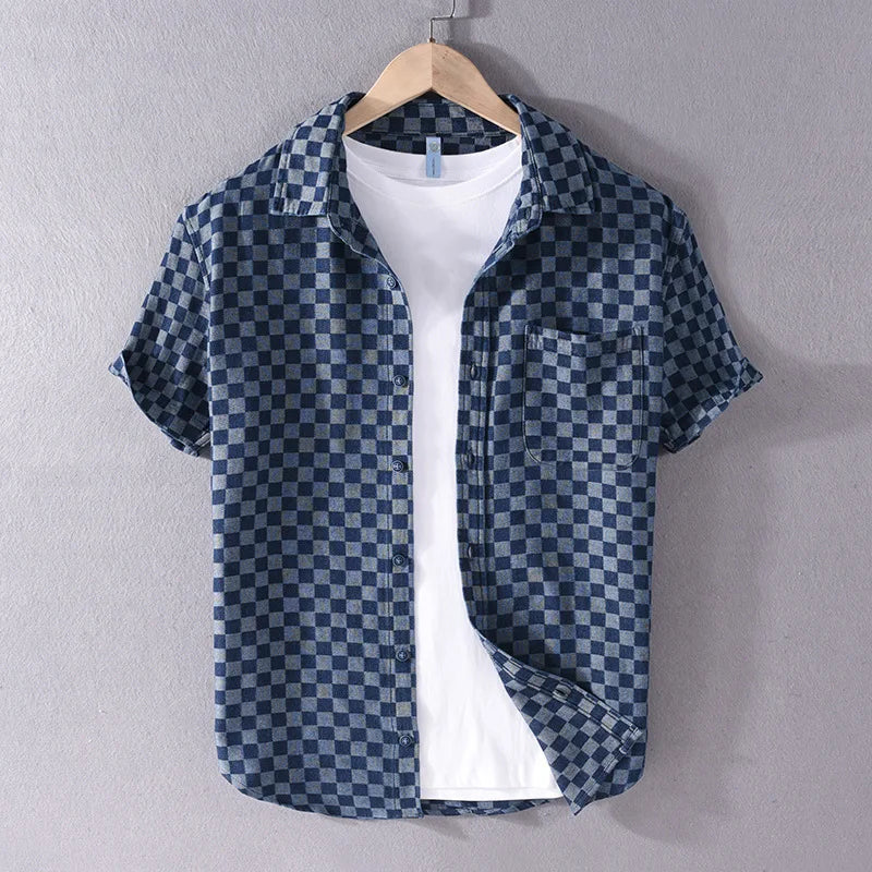 Men's Short Sleeve Plaid Shirt with Front Pocket