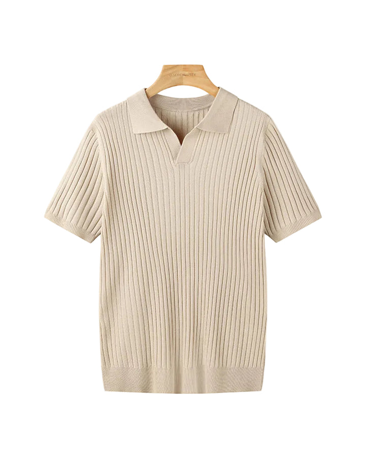 Men’s Short Sleeve Polo Shirt with Open Placket and Ribbed Texture