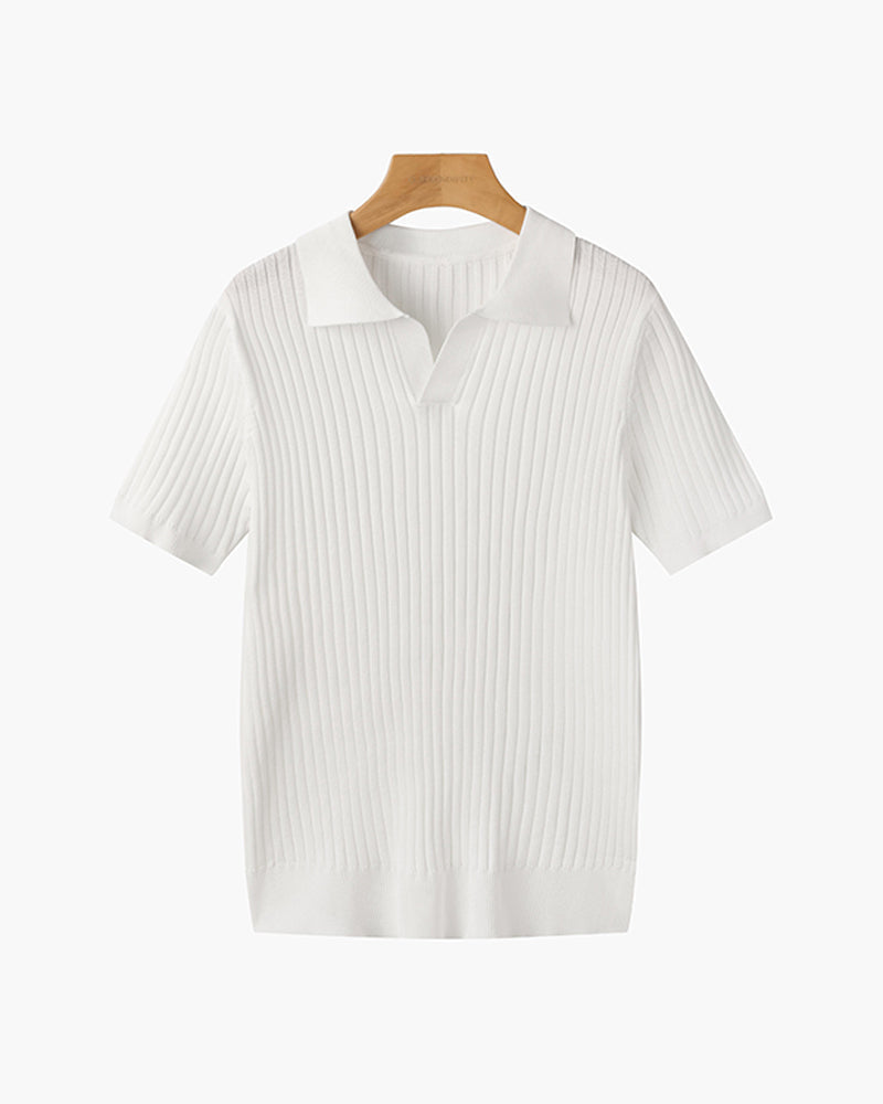 Men’s Short Sleeve Polo Shirt with Open Placket and Ribbed Texture