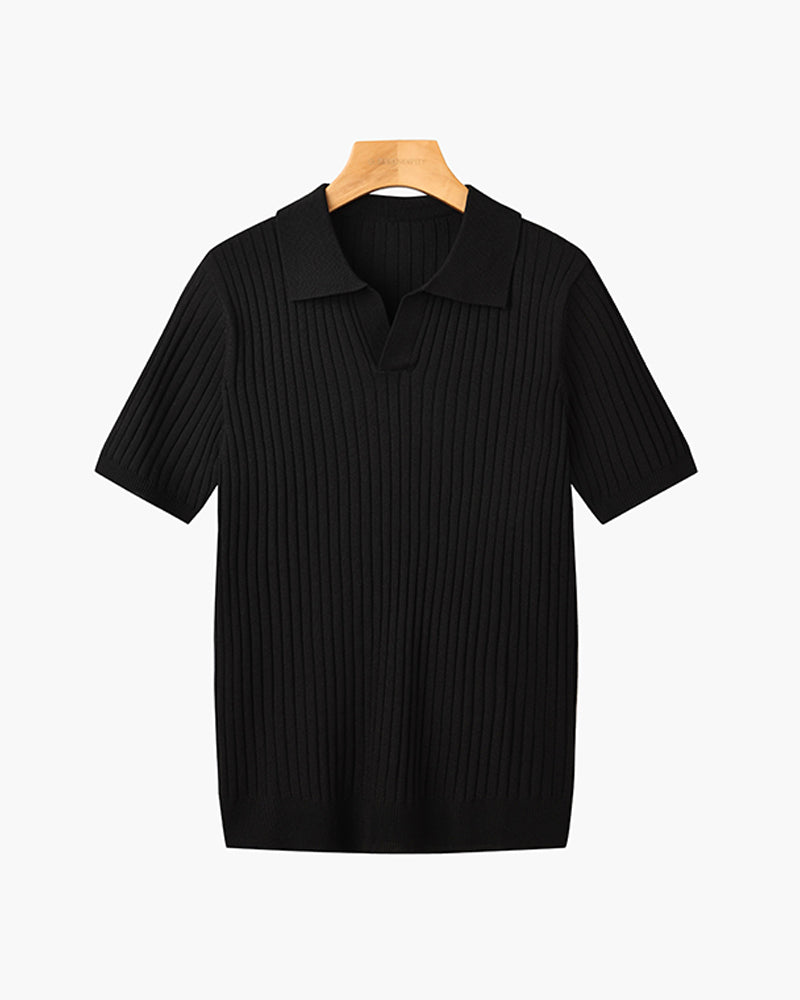 Men’s Short Sleeve Polo Shirt with Open Placket and Ribbed Texture
