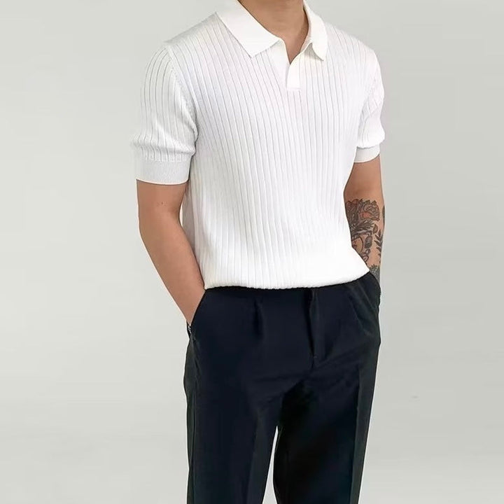 Men’s Short Sleeve Polo Shirt with Open Placket and Ribbed Texture