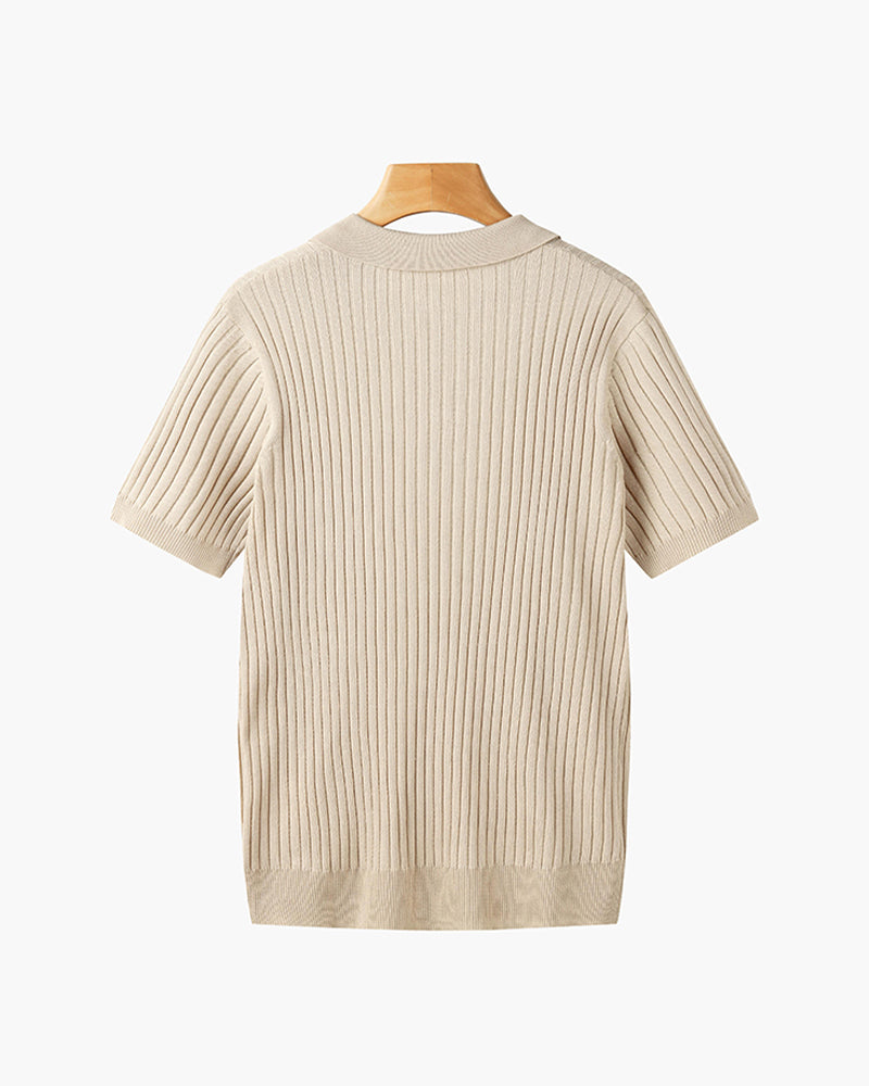 Men’s Short Sleeve Polo Shirt with Open Placket and Ribbed Texture