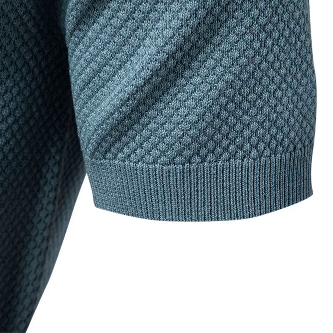 Men’s Short Sleeve Polo Shirt with Open Placket and Textured Weave