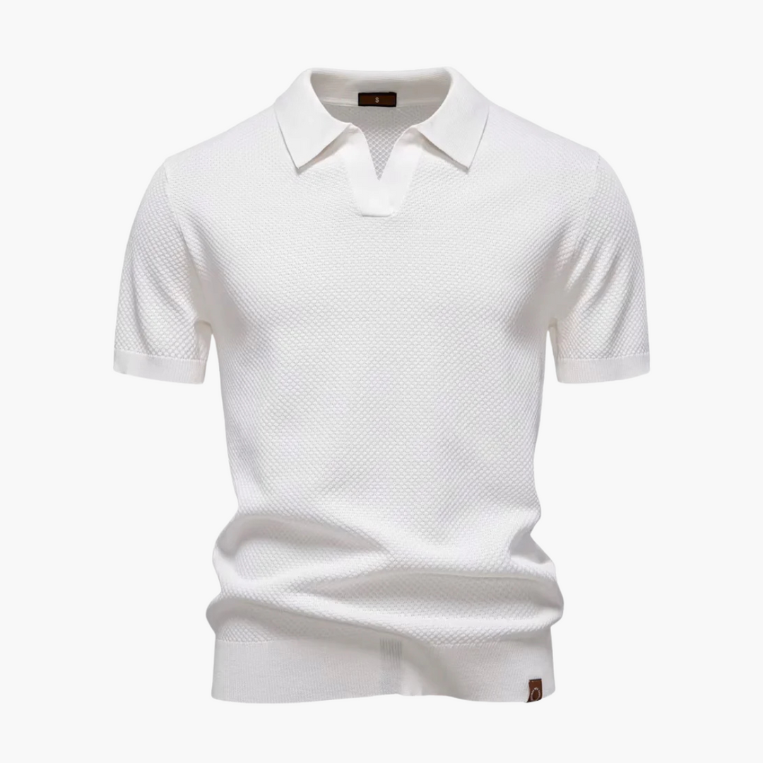 Men’s Short Sleeve Polo Shirt with Open Placket and Textured Weave